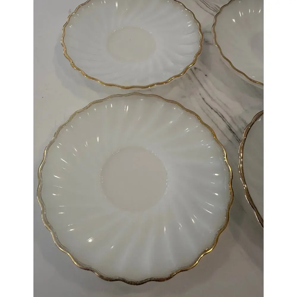 Vintage Anchor Hocking Suburbia Milk Glass Gold Trim Bread Dessert Plates Set 10